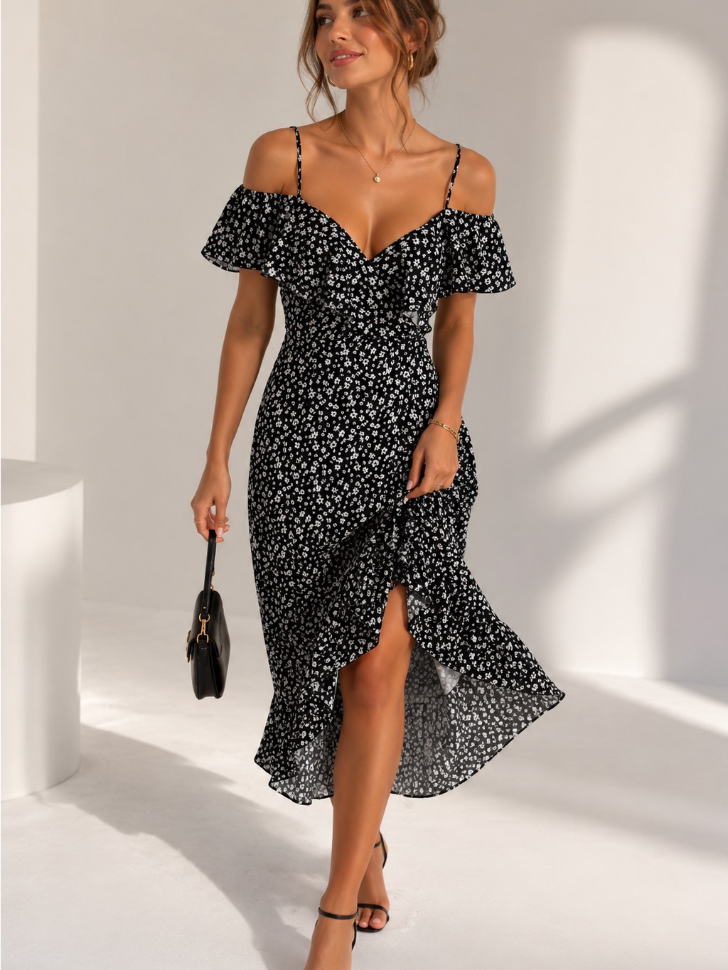 Off-Shoulder Black Floral Ruffle Midi Dress